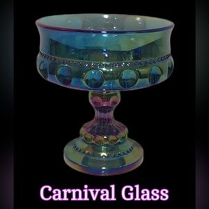 Vintage Indiana‎ Glass Blue Carnival Kings Crown Pedestal Candy, 5.5”